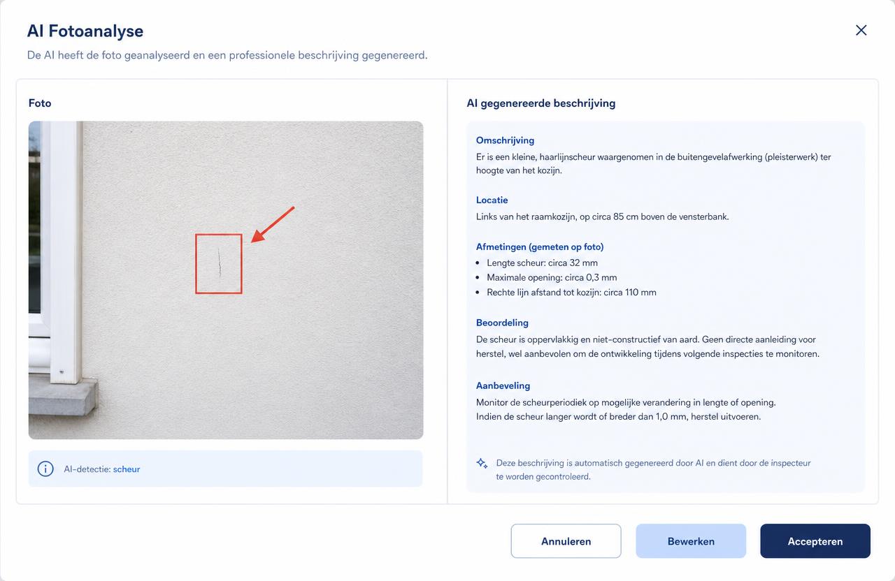 Analysefenster mit einem markierten Foto links und einer vorgeschlagenen professionellen Feststellung rechts.