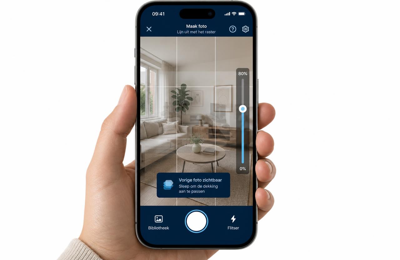 Smartphone mit der App-internen Kamera: Hilfsraster, Auslöser und ein halbtransparentes Einzugsfoto mit Überlagerungsregler.