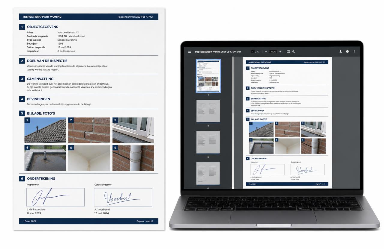 PDF-Inspektionsbericht mit nummerierten Abschnitten, Fotoanhang und zwei Unterschriften, neben einem Laptop mit der Vorschau.